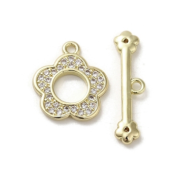 Brass Micro Pave Cubic Zirconia Toggle Clasps, Long-Lasting Plated, Flower, Golden, 14x12x1.5mm, Hole: 1.2mm