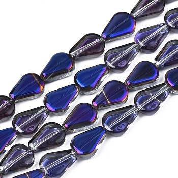 Electroplate Glass Beads Strands, Half Plated, Teardrop, Blue Plated, 11x8x3.5mm, Hole: 0.9mm, about 59~61pcs/strand, 24.80 inch~ 25.59 inch(63~65cm)