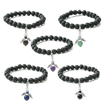 Natural Lava Rock & Gemstone Stretch Bracelet with Alloy Fairy Charms, Essential Oil Gemstone Jewelry for Women, Inner Diameter: 2-1/8 inch(5.25cm)