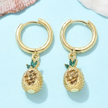 Brass Cubic Zirconia Hoop Earrings, Lead Free & Cadmium Free, Real 18K Gold Plated, Pineapple, 29x8mm