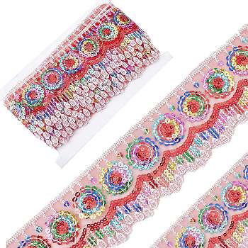 4~4.5M Ethnic Style Polyester Lace Trim with Colorful Paillette, Sparkle Embroidery Lace Ribbon, Sun Pattern, with 1Pc Thread Bobbins White Cards, Indian Red, 2-3/8 inch(60mm)