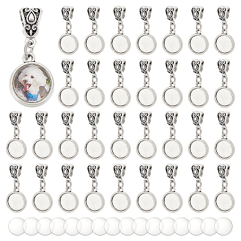 Tibetan Style Alloy Pendants, with Transparent Glass Cabochons, Flat Round, Antique Silver, 34mm, Hole: 6mm