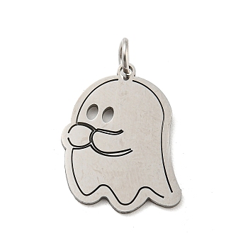 Halloween Laser Cut 304 Stainless Steel Pendant, with Jump Ring, Ghost Charm, Stainless Steel Color, 20x14x1mm, Hole: 3mm