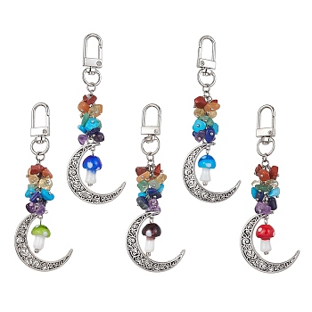 Moon Alloy Pendant Decoraiton, with Gemstone Chip Beads and Mushroom Handmade Lampwork Beads, Alloy Swivel Clasps, Chakra, Mixed Color, 103mm
