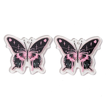 Transparent Printed Acrylic Pendants, Butterfly Charm, Black, 39x46.5x2mm, Hole: 2mm