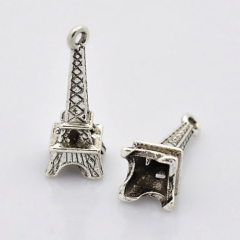 Tibetan Style Alloy Pendants, Eiffel Tower Charm for Bracelet Making, Lead Free & Cadmium Free, Antique Silver Color, 24x8x7mm, Hole: 1.5mm