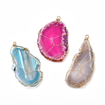 Mixed Electroplate Gemstone Natural Agate Slices Pendants, with Real 18K Gold Plated Eco-Friendly Copper Findings, Nuggets, Mixed Color, 67~75x32~42x5~7mm, Hole: 2.3~3mm