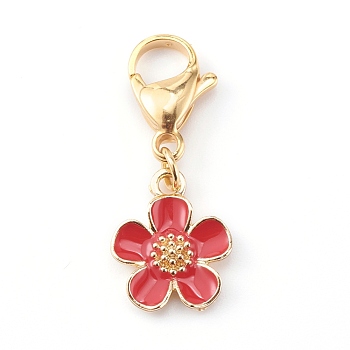 Zinc Alloy Enamel Pendants, with Golden 304 Stainless Steel Lobster Claw Clasps, Flower, Red, 31mm, Flower: 15.5x13x2.5mm