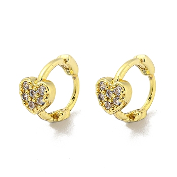 Brass Micro Pave Cubic Zirconia Hoop Earring, Real 18K Gold Plated, Heart, 9.5x5mm