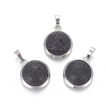 Natural Lava Rock Pendants, with Brass Findings, Half Round, Platinum, 23~24x19~20x8~10mm, Hole: 8x5mm