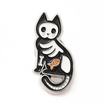 Animal Skeleton Theme Enamel Pin, Platinum Alloy Brooch for Backpack Clothes, Cat Shape, 29x15x1.5mm