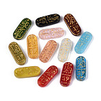 Baking Paint and Golden Metal Enlaced Glass Beads, Oval with Rune, Mixed Color, 25x10.5x5.5mm, Hole: 1.2~1.4mm(DGLA-T004-24M)