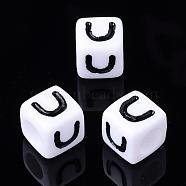 Letter Acrylic Beads, Cube, White, Letter U, Size: about 7mm wide, 7mm long, 7mm high, hole: 3.5mm, about 2000pcs/500g(PL37C9129-U)