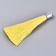 Fiber Tassel Big Pendant Decorations, with Platinum Plated Brass Finding, Yellow, 70~73x7~25mm, Hole: 1.8mm(FIND-R085-021)