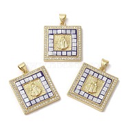 Brass Micro Pave Cubic Zirconia Pendants, with Enamel Shell, Long-Lasting Plated, Lead Free & Cadmium Free, Real 18K Gold Plated, Square with Holy Virgin, Blue, 24x21.5x3mm, Hole: 5x3.5mm(KK-K385-022G)