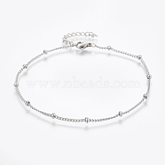 304 Stainless Steel Anklets, with Lobster Claw Clasps, Round Beads and Twist Chain, Stainless Steel Color, 9 inch(230mm), 1.5mm(AJEW-H013-04P)