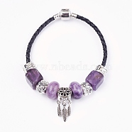 Natural Amethyst Beads Cord Bracelets, with Brass Findings, Flower with Leaf, 7-7/8 inch(20cm), 3mm(BJEW-O162-G07)