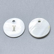 Natural White Shell Mother of Pearl Shell Charms, with Iron Sticker, Flat Round with Letter, Letter.I, 13x2mm, Hole: 1.5mm(X-SSHEL-N036-053I)