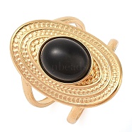 Oval Natural Black Agate Finger Rings, Ion Plating(IP) 304 Stainless Steel Cuff Rings for Women, Soldered, Real 14K Gold Plated, 24mm, Gemstone: 11.5x9.5mm, Adjustable(RJEW-Z057-14G-010)