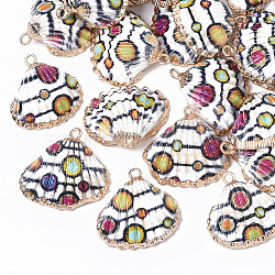 Electroplate Printed Natural Scallop Shell Pendants, Sea Shell Pendants, with Brass Loops, Polka Dot Pattern, 22~27x23~29x8~10mm, Hole: 1.8mm(X-SSHEL-R047-04-A05)