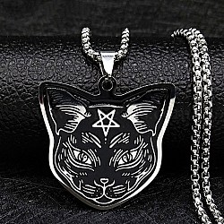 304 Stainless Steel Pendant Necklaces, Cat, Stainless Steel Color, 19.61 inch(49.8cm)(NJEW-K253-06P)