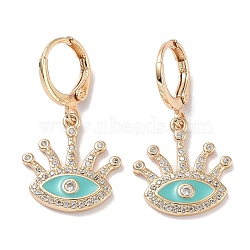 Real 18K Gold Plated Brass Dangle Leverback Earrings, with Enamel and Cubic Zirconia, Evil Eye, Turquoise, 30.5x16.5mm(EJEW-L269-009G-01)