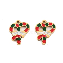 Ion Plating(IP) 304 Stainless Steel Pendants, Christmas Theme Enamel Charms, Golden, Candy Cane, 13x10.5x1.5mm, Hole: 1.2mm(STAS-S140-02K)