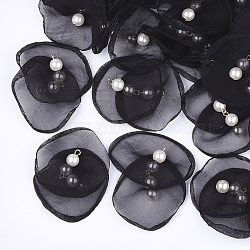 Organza Fabric Pendants, with Iron Findings and ABS Plastic Imitation Pearl, Light Gold, Black, 40~55x43~53mm, Hole: 2mm(X-FIND-S303-02A)