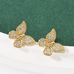 Brass Micro Pave Clear Cubic Zirconia Stud Earrings, Rack Plating, Long-Lasting Plated, Cadmium Free & Lead Free, Real 18K Gold Plated, Butterfly, 10.5x12.5mm(EJEW-F400-02B-G)