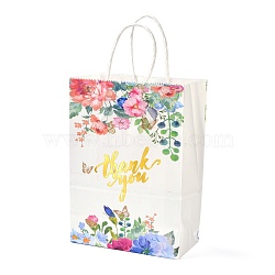 Gold Stamping Rectangle Paper Bags, with Handle, for Gift Bags and Shopping Bags, Word Thank you, Flower Pattern, 14.9x8.1x21cm(CARB-B002-01C)