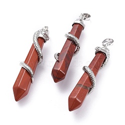 Natural Red Jasper Big Pointed Pendants, with Platinum Plated Brass Bails, Faceted, Bullet with Snake, 59~61.5x11~12x11~12mm, Hole: 5x8mm(G-F696-B03)