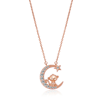 Chinese Zodiac Necklace Monkey Necklace 925 Sterling Silver Rose Gold Monkey on the Moon Pendant Charm Necklace Zircon Moon and Star Necklace Cute Animal Jewelry Gifts for Women, Monkey, 15 inch(38cm)