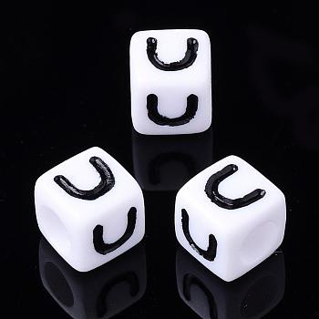 Letter Acrylic Beads, Cube, White, Letter U, Size: about 7mm wide, 7mm long, 7mm high, hole: 3.5mm, about 2000pcs/500g