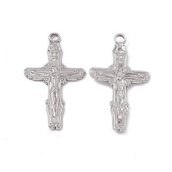 Non-Tarnish 304 Stainless Steel Pendants, Crucifix Cross Charm, Stainless Steel Color, 37x20x2mm, Hole: 2.8mm