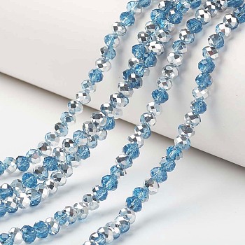 Electroplate Transparent Glass Beads Strands, Half Silver Plated, Faceted, Rondelle, Deep Sky Blue, 3x2mm, Hole: 0.8mm, about 150~155pcs/strand, 15~16 inch(38~40cm)