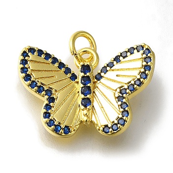 Rack Plating Brass Micro Pave Cubic Zirconia Pendant, with Jump Rings, Lead Free & Cadmium Free, Long-Lasting Plated, Golden, Butterfly, Prussian Blue, 13x20x4mm