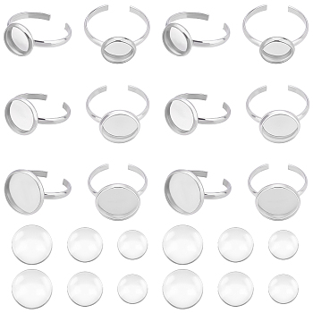 DIY Flat Round Cuff Ring Making Kit, Including 304 Stainless Steel Cuff Rings Components, Glass Cabochons, Stainless Steel Color, 108Pcs/box