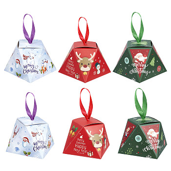 12 Sets 3 Colors Christmas Gift Boxes, with Ribbon, Gift Wrapping Bags, for Presents Candies Cookies, Christmas Theme Pattern, Mixed Color, 8.1x8.1x6.4cm, 4 sets/color