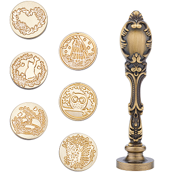 CRASPIRE DIY Scrapbook Kits, Including Alloy Handles and Wax Seal Brass Stamp Heads, Mixed Patterns, 25.5x9.5mm, Hole: 8mm, 7pcs/set