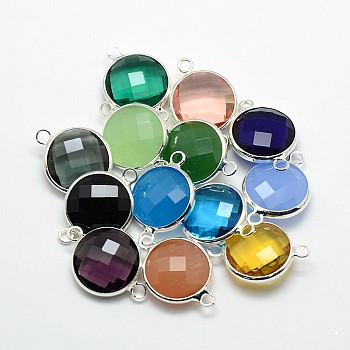 Silver Color Plated Brass Glass Links connectors, Flat Round, Mixed Color, 14.5x8.5x3mm, Hole: 2mm