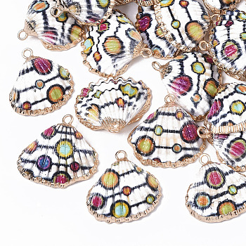 Electroplate Printed Natural Scallop Shell Pendants, Sea Shell Pendants, with Brass Loops, Polka Dot Pattern, 22~27x23~29x8~10mm, Hole: 1.8mm