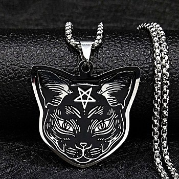 304 Stainless Steel Pendant Necklaces, Cat, Stainless Steel Color, 19.61 inch(49.8cm)