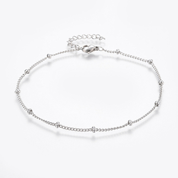 304 Stainless Steel Anklets, with Lobster Claw Clasps, Round Beads and Twist Chain, Stainless Steel Color, 9 inch(230mm), 1.5mm