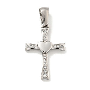 304 Stainless Steel Cubic Zirconia Pendants, Cross Charm, Stainless Steel Color, 23.5x16x2.5mm, Hole: 6x3.5mm