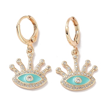 Real 18K Gold Plated Brass Dangle Leverback Earrings, with Enamel and Cubic Zirconia, Evil Eye, Turquoise, 30.5x16.5mm