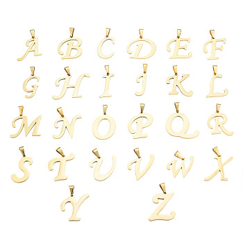 Ion Plating(IP) 201 Stainless Steel Pendants, Letter A~Z, Real 18K Gold Plated, 23.5~31x17~34x1.5mm, Hole: 5x9mm, 26pcs/set