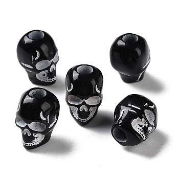 Spray Printed Opaque Acrylic European Beads, Large Hole Beads, Skull Head, White, 15x11x9mm, Hole: 5mm, about 500pcs/500g