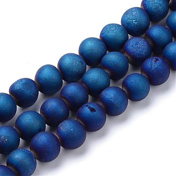 Electroplated Natural Druzy Geode Agate Bead Strands, Matte Style, Round, Blue Plated, 8~9mm, Hole: 1mm, about 46pcs/strand, 14.7 inch