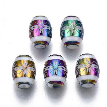 Electroplate Glass Beads, Barrel with Flower Pattern, Colorful, 11x8mm, Hole: 1.2mm, about 200pcs/bag
