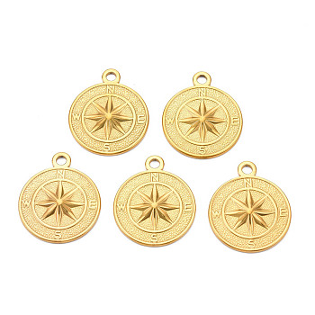 Ion Plating(IP) 304 Stainless Steel Pendants, Flat Round with Compass, Nickel Free, Real 18K Gold Plated, 30x25.5x3mm, Hole: 3mm